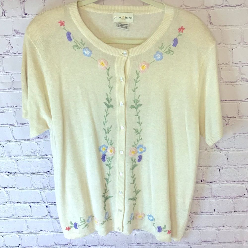 VINTAGE Jaclyn Smith Cream Embroidered Cardigan Whimsical Cottagecore Size XL